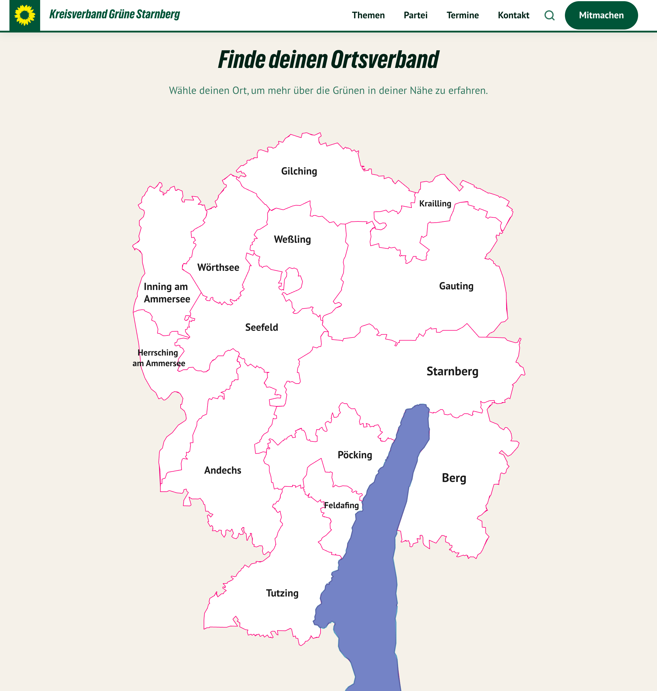 Kreiskarte des Kreisverbands Starnberg mit klickbaren Gemeinden und Ortsverbänden
